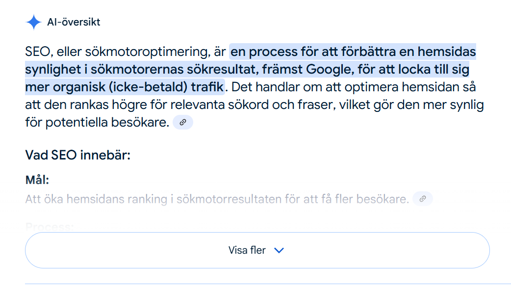 Ai Overview för sökordet SEO på Google